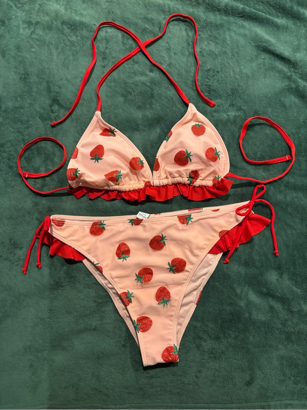 NWOT Strawberry Print Bikini Set - Red & Pink Mesh & Ruffle Two-Piece Size XL